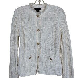 Tahari Button Up Fringe Cable Knit Cardigan Sweater Blazer Ivory Luxury Elegant